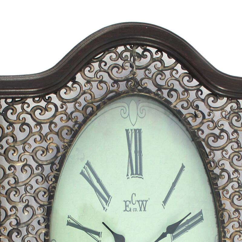 Wall Clock with Scalloped Wooden Top and Bottom, Brown