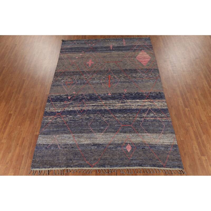 Blue Striped Moroccan Area Rug Hand-Knotted Wool Carpet - 8'2"x 12'3"