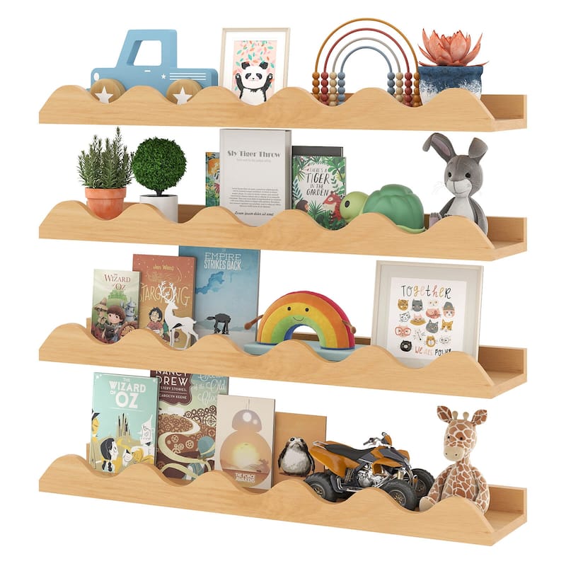 Costway Kids Bookshelf Set of 4 with Fir Wood Structure & Wavy - See Details - Natural - See Details