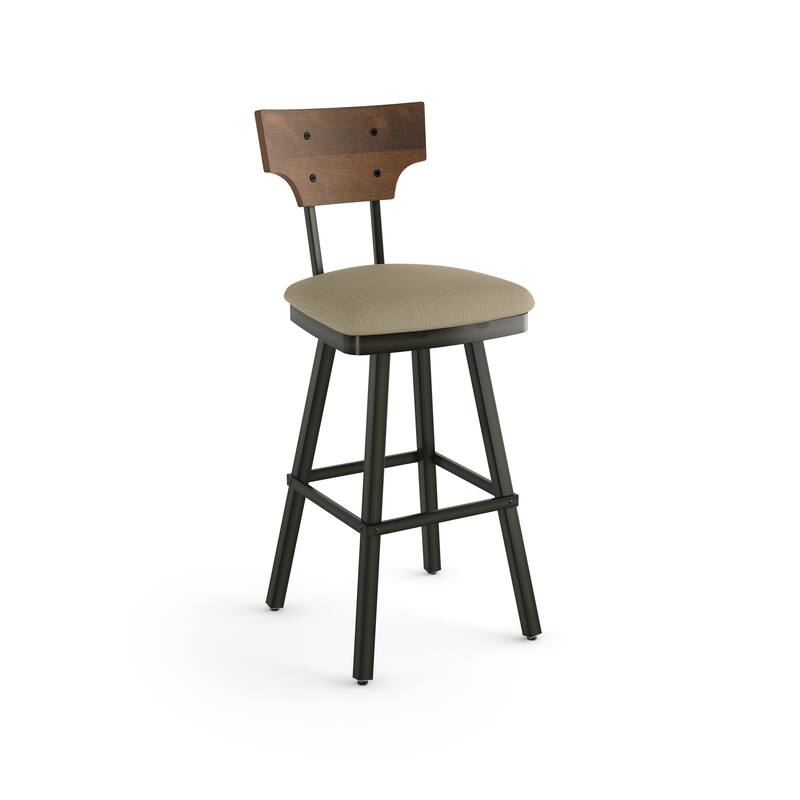 Amisco Gustavson Swivel Counter and Bar Stool - Beige Fabric/Brown Gun Metal Finish/Brown Wood. - Bar height