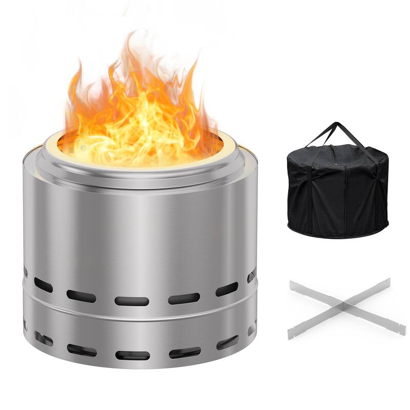 15" Smokeless Fire Pit, Portable Outdoor Firepit, Wood Burning Fireplaces, Low Smoke Bonfire for Camping, Patio and Outside - Silver