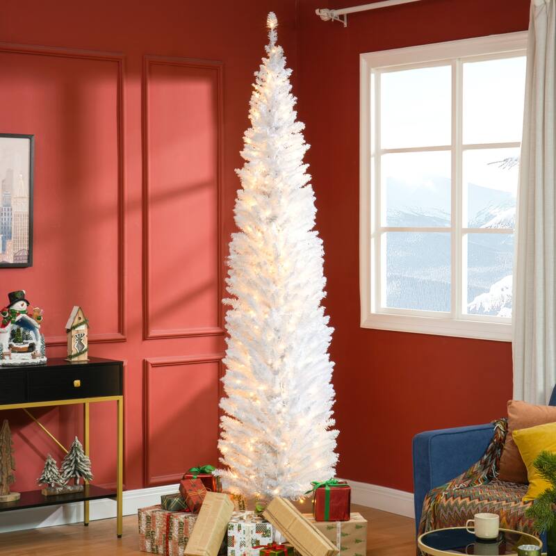 HOMCOM Pre-Lit Slim Noble Fir Tree - Warm White LED Lights, White, Holiday Decor