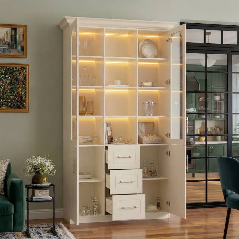 Modular Bookcase with LED Lights, Glass Door Storage Cabinet with Drawers, Large Display Shelving Unit Sideboard