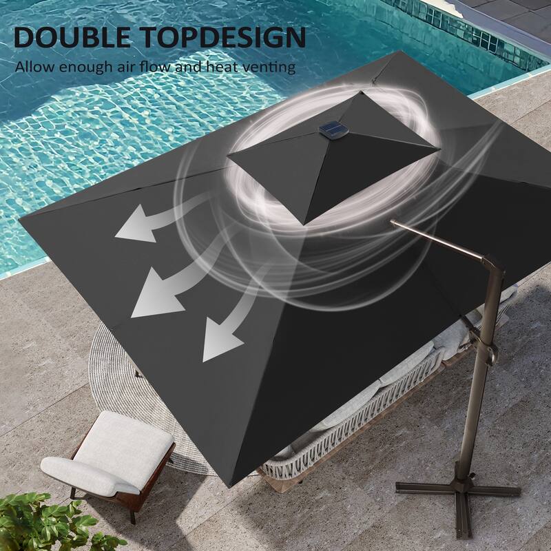 9 X 11 FT Outdoor Patio Cantilever Umbrella with Solar Lights Wheeled Base Double Canopy 360 Rotation Tilt