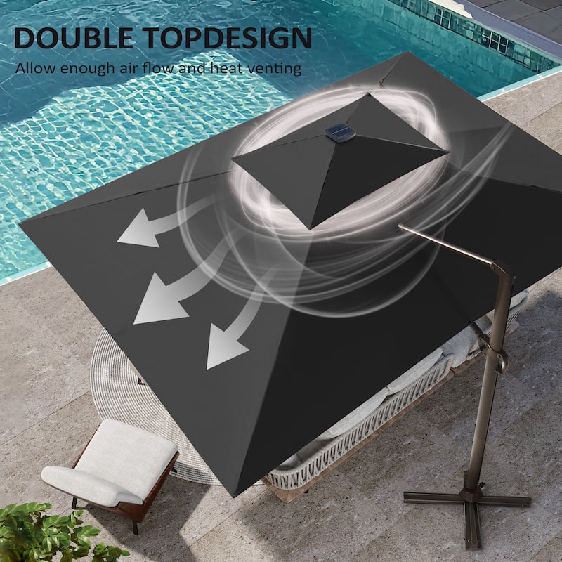 Pellebant 9x11 FT Outdoor Patio Double Top Cantilever Umbrella Solar LED Lighted with Rod Base