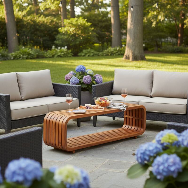 Roomfitters Melow Outdoor Acacia Wood Coffee Table with Hollow Slat Design, No Assembly, Teak Finish