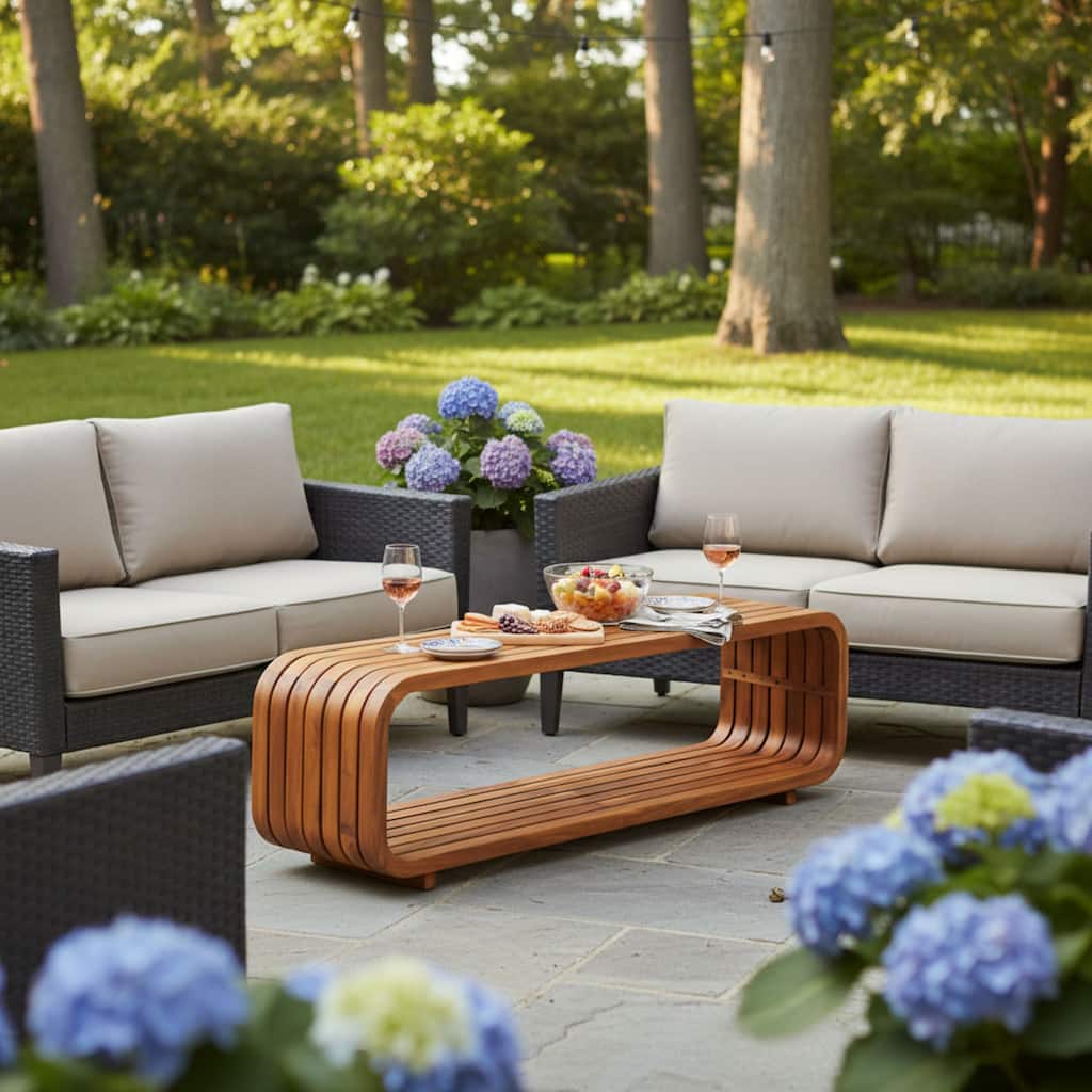 Roomfitters Melow Outdoor Acacia Wood Coffee Table with Hollow Slat Design, No Assembly, Teak Finish