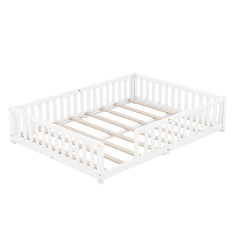 Queen Size Bed Floor Bed with Safety Guardrails and Door for Kids
