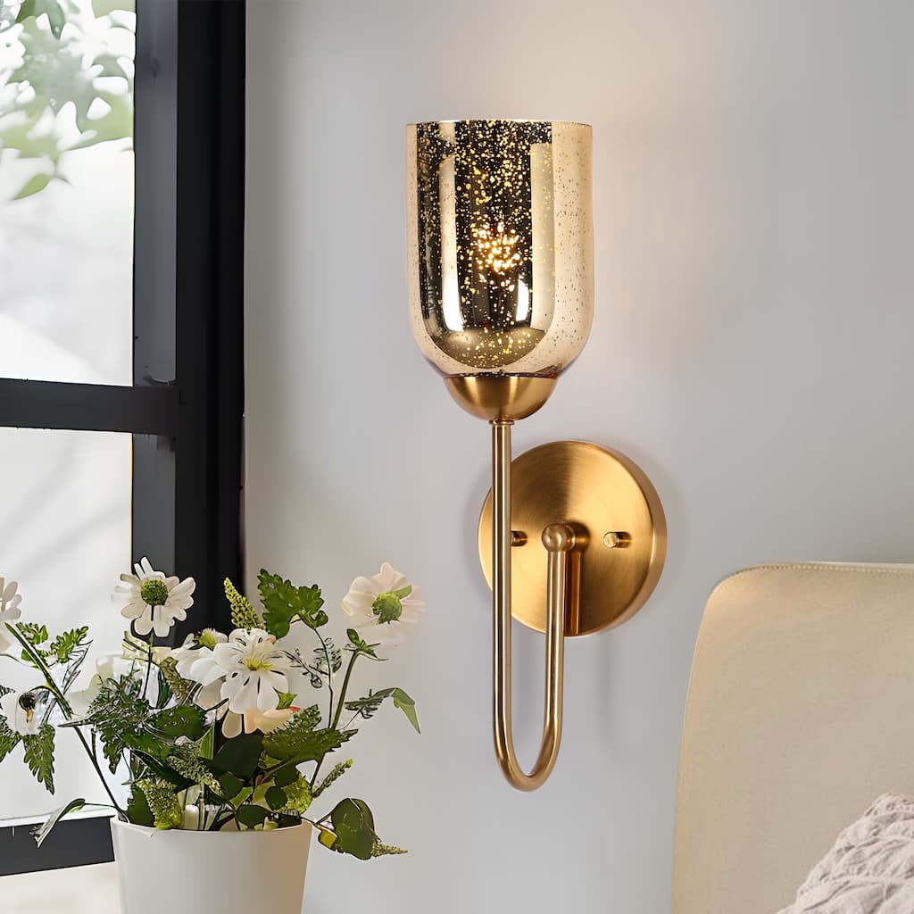Modern Gold 1-Light Wall Sconces Glam Seeded Glass Vanity Lights - L 15.7" x W 4.7" x E 6.2"