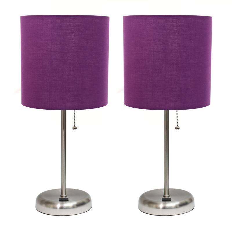 19.5 in. Brushed Steel Finish Table Lamp with Purple Shade, Durable Stick Lamp for End/Side Tables, Set of 2