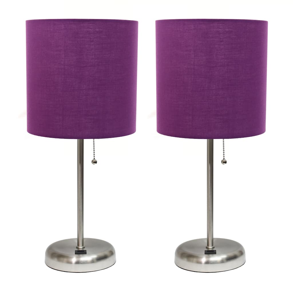 19.5 in. Brushed Steel Finish Table Lamp with Purple Shade, Durable Stick Lamp for End/Side Tables, Set of 2