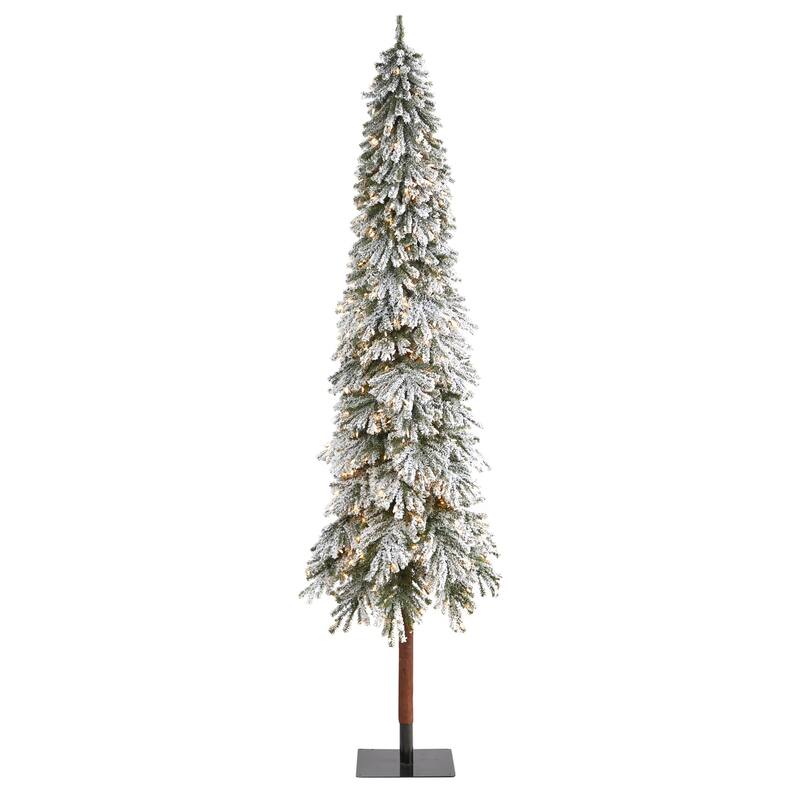 9ft Flocked Christmas Tree with Lights - Artificial Alpine Tree, Holiday Decor - Green - 108