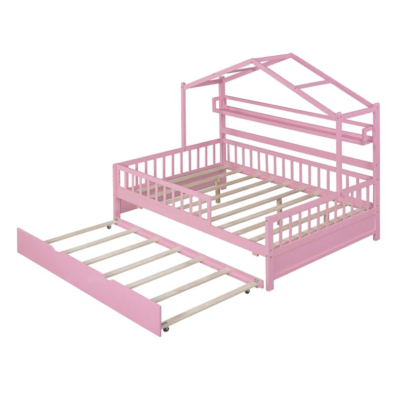 Wooden House Bed with Trundle, Kids Bed with Shelf