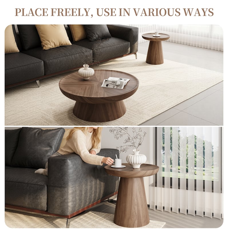 Round Walnut Nesting Coffee Tables 2-Piece Set - Modern Living Room Wooden Accent Tables, Stackable & Separable