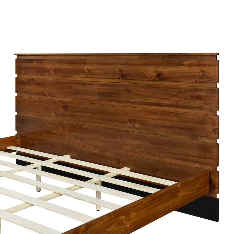 Rustic Brown Solid Wood Frame Full/Queen/King Size Panel Bed Platform Bed Frame with Six-Piece Headboard,No Box Spring Needed