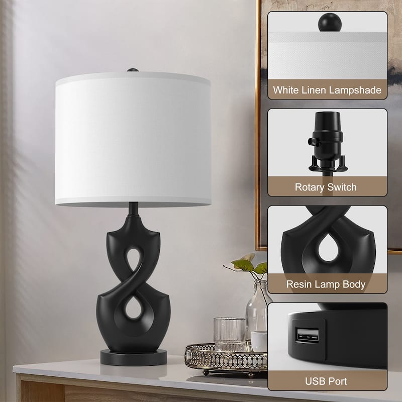 Maxax 24.5" Resin USB Bedside Table Lamp(set of 2)