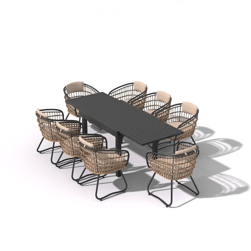 5/7/9/11-Piece Set Outdoor Aluminum Extendable Patio Dining Set Rectangle Table with Rattan Chairs - Beige - Set of 9
