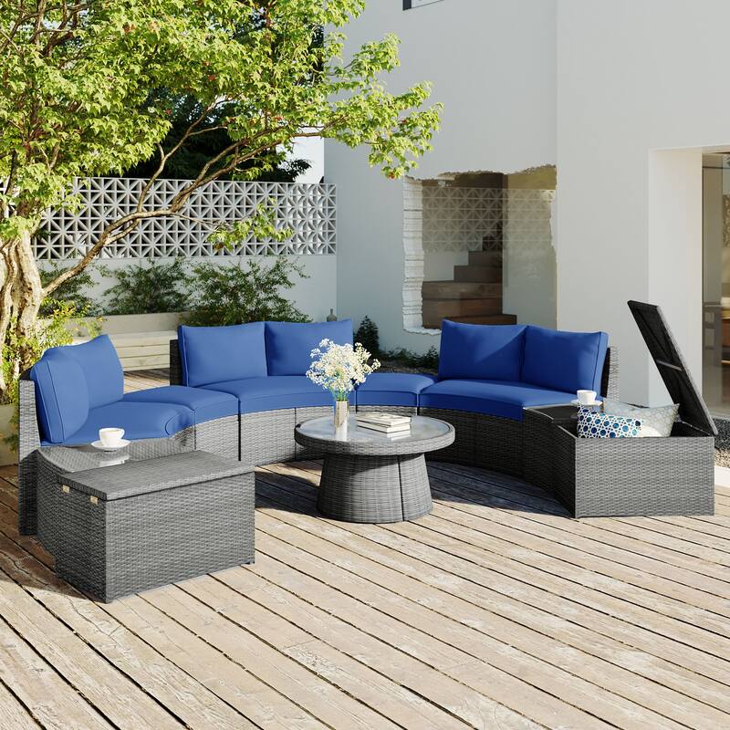 10-Piece Outdoor Sectional Half Round Patio Rattan Sofa Set, PE Wicker Conversation Furniture Set for Free Combination - Blue