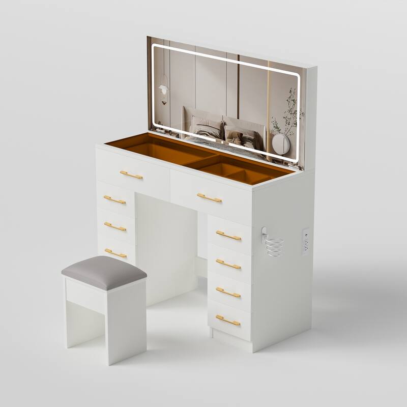 46"Glass Top Vanity Desk with 10 Drawers Makeup Vanity with Mirror and Stool,3 Lighting Modes Dressing Table
