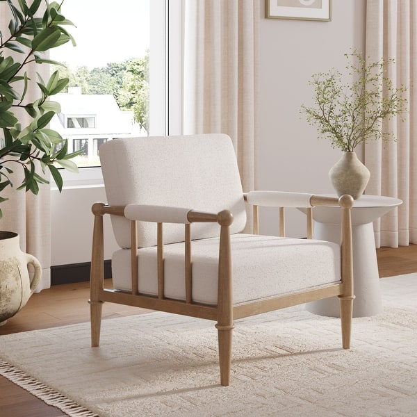 slide 2 of 10, Spencer Boucle Accent Chair, Bohemian Armchair with Solid Wood Frame and Upholstered Foam Cushion Single - Cream/Light Brown