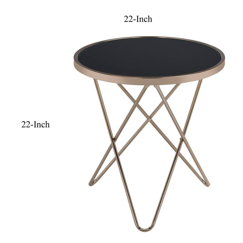 22 in. Black Glass/ Champagne Round Glass End Table, Sturdy Build End Side Table for Living Rooms