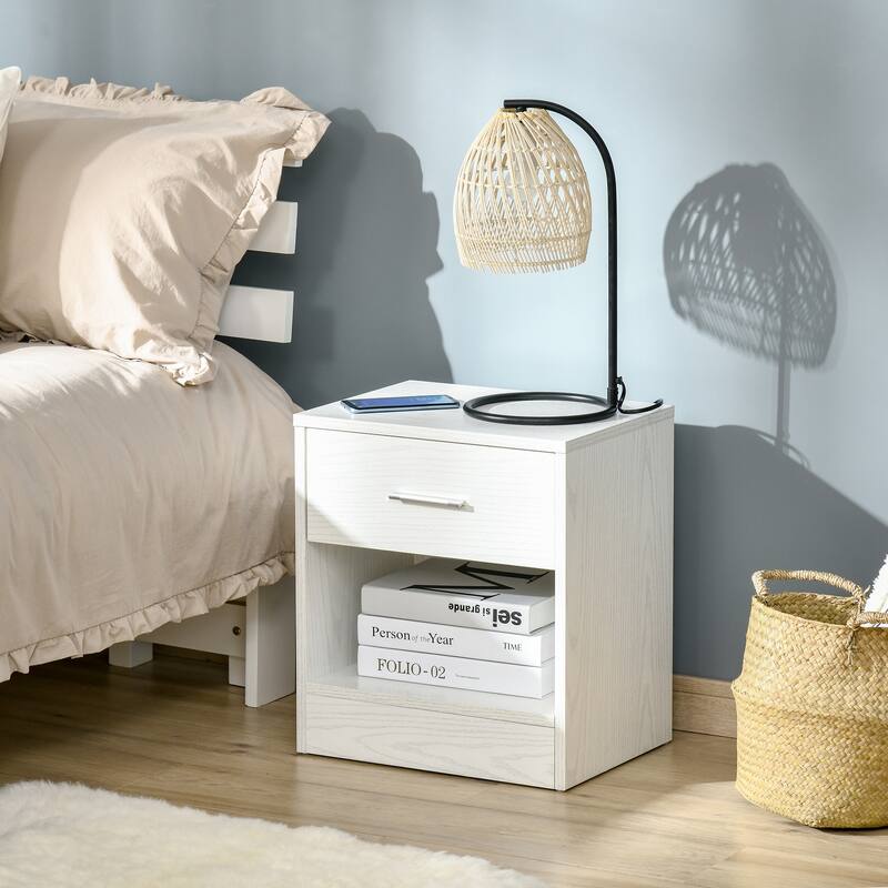 HOMCOM Modern End Table with Drawer, Space Saving Sofa Side Accent Table with Open Storage Shelf for Living Room or Bedroom - White Wood Grain