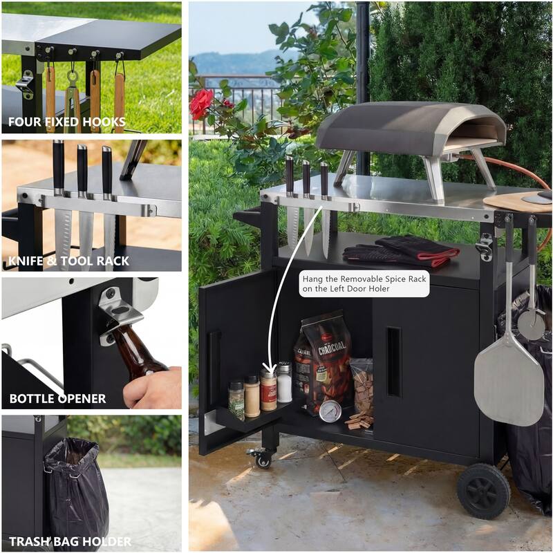 Outdoor Metal Grill Cart with Storage Cabinet, Foldable Table, Wheels & Stainless Steel Top & Hooks & Spice Rack