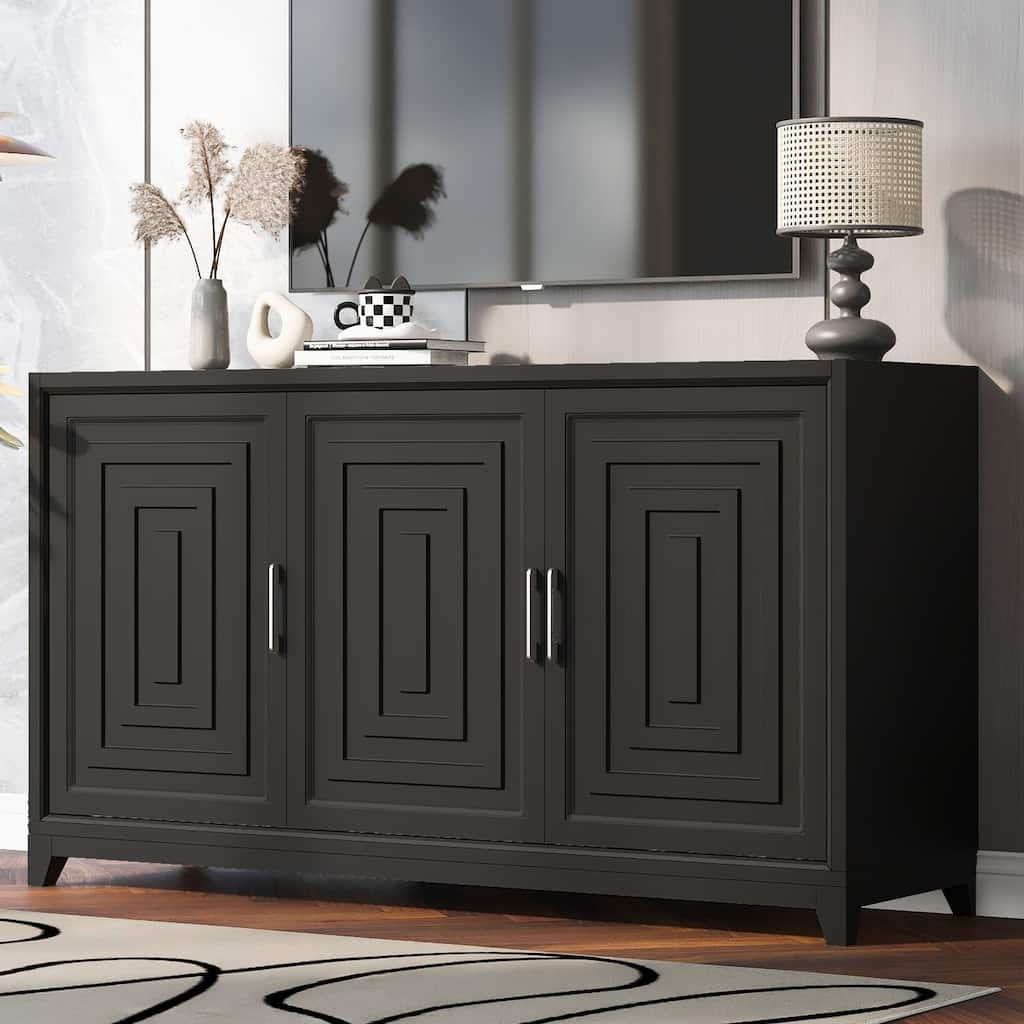 Black 59.1" TV Stand Console Cabinet with 2 Spacious Storage Space and Solid Wood Legs for TVs Up to 65"