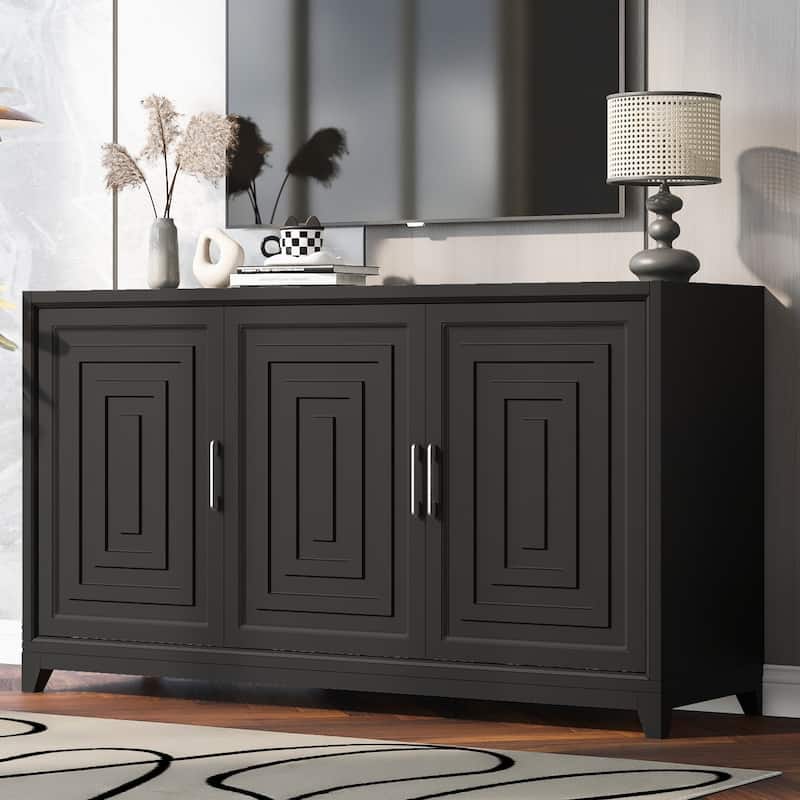 Media Console Cabinet Entertainment Center with 2 Spacious Storage Space, Solid Wood Legs - Black