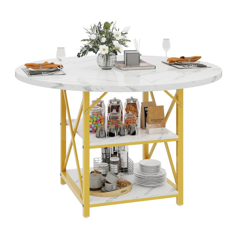 Moasis Round Dining Table with Storage Shelves Metal Legs for 4-6 People for Dining Living Room - White/Gold