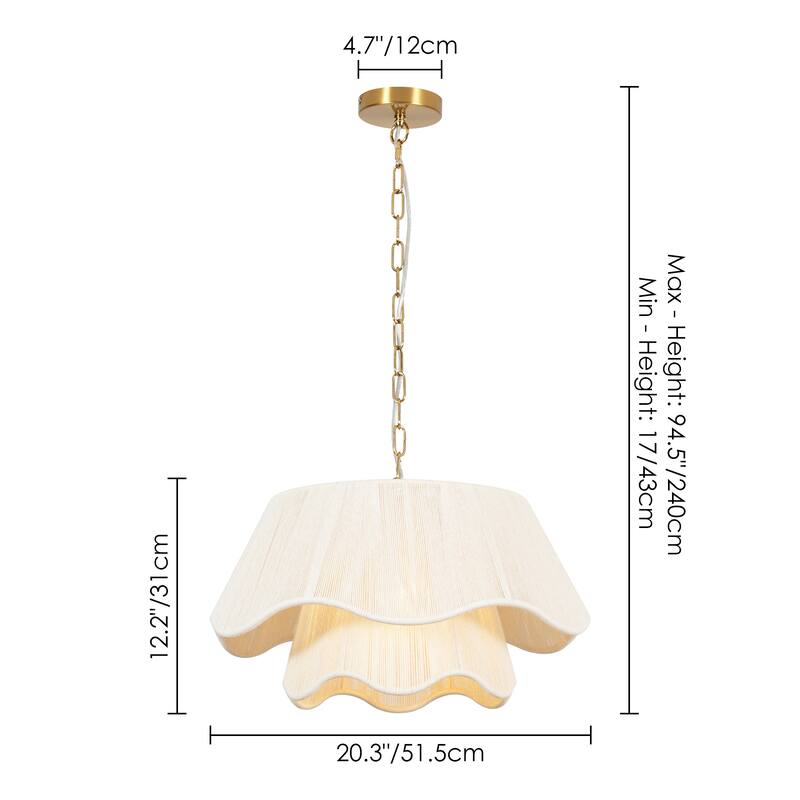 20.3" W 1-Light Mid-Century Modern Brass Double Tiered Fabric Shade Chandelier for Living room