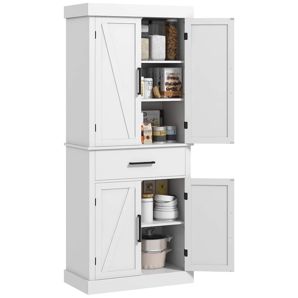 72" Tall Kitchen Pantry Storage Cabinet, Farmhouse Freestanding Kitchen Cabinet with 4 Barn Doors, Drawer