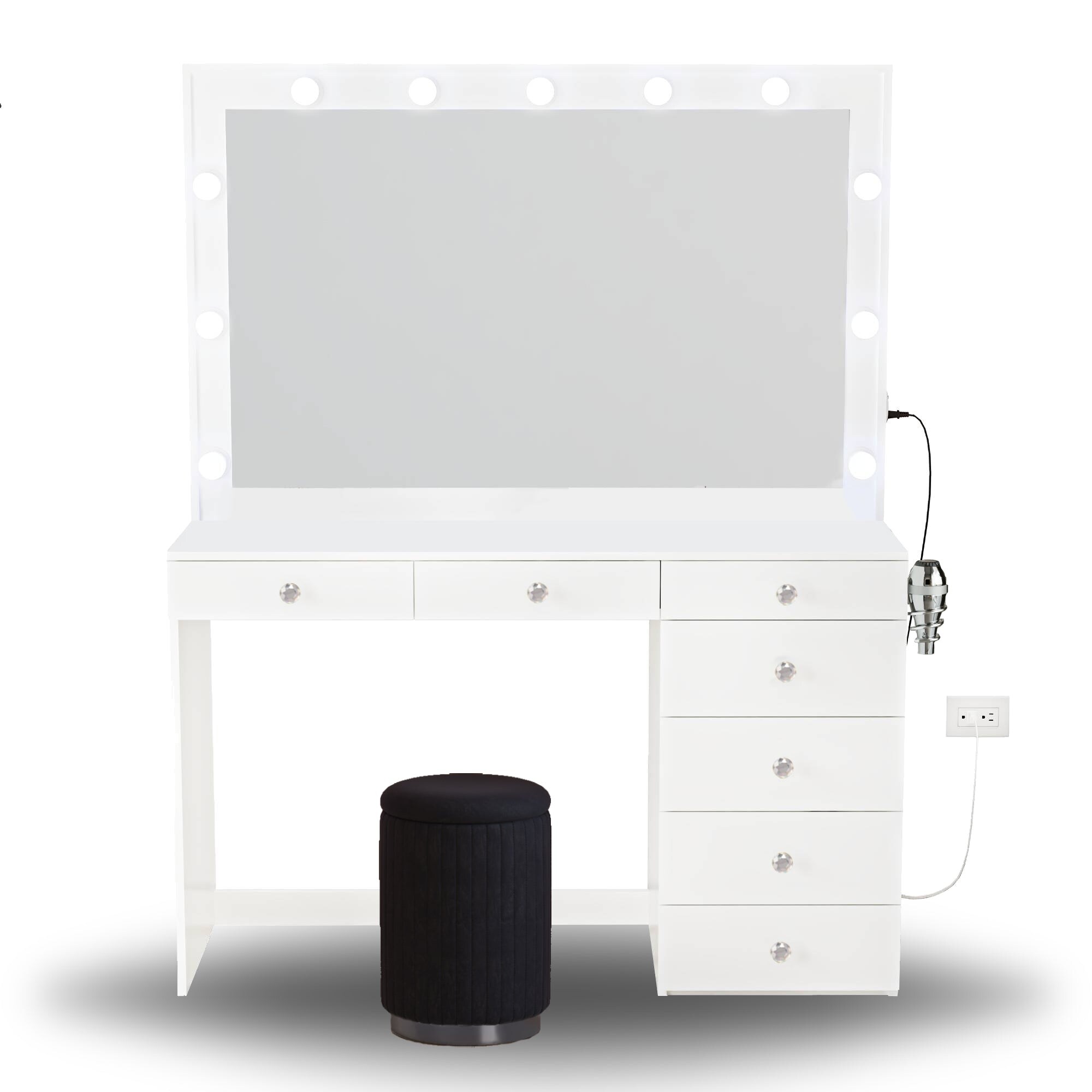Boahaus Makeup Vanity, 7 Drawers, Lights Built-in, Power Outlet, White 