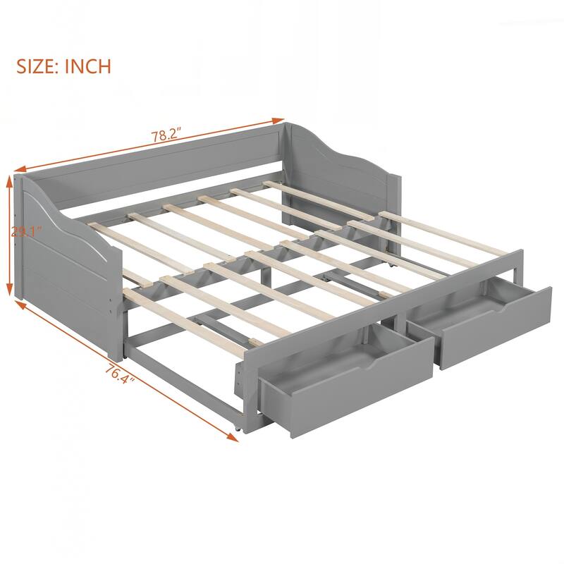 Wooden Daybed with Trundle Bed and Two Storage Drawers