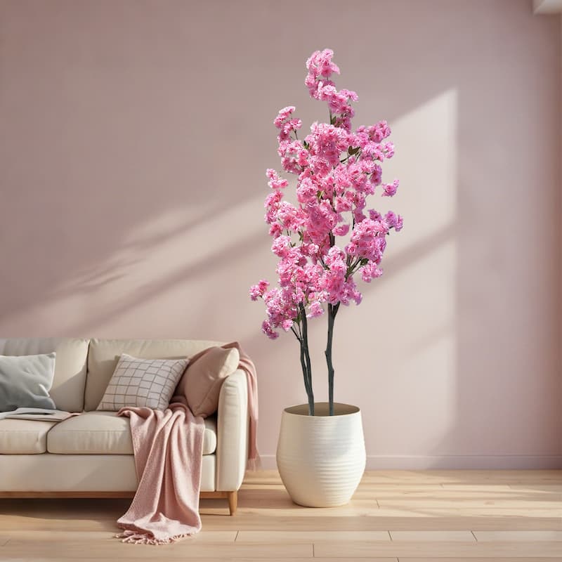 Decorative Faux Artificial Cherry Blossom Silk Tree in Pot for Home Decor - 6 Ft Double Pole