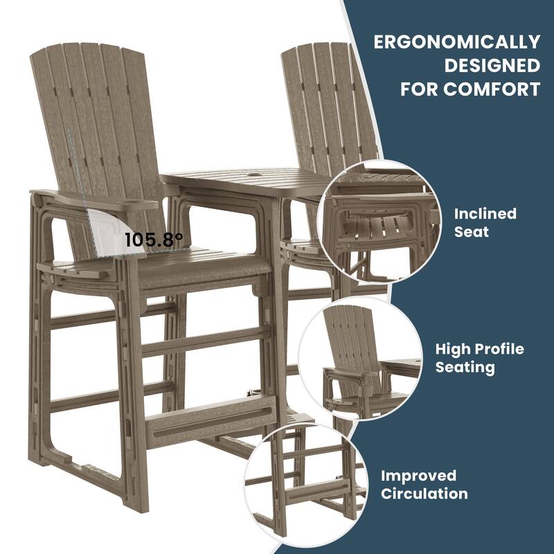 Polytrends Coastline Outdoor Poly Bar Chair Set with Connecting Tray & Cup Holder
