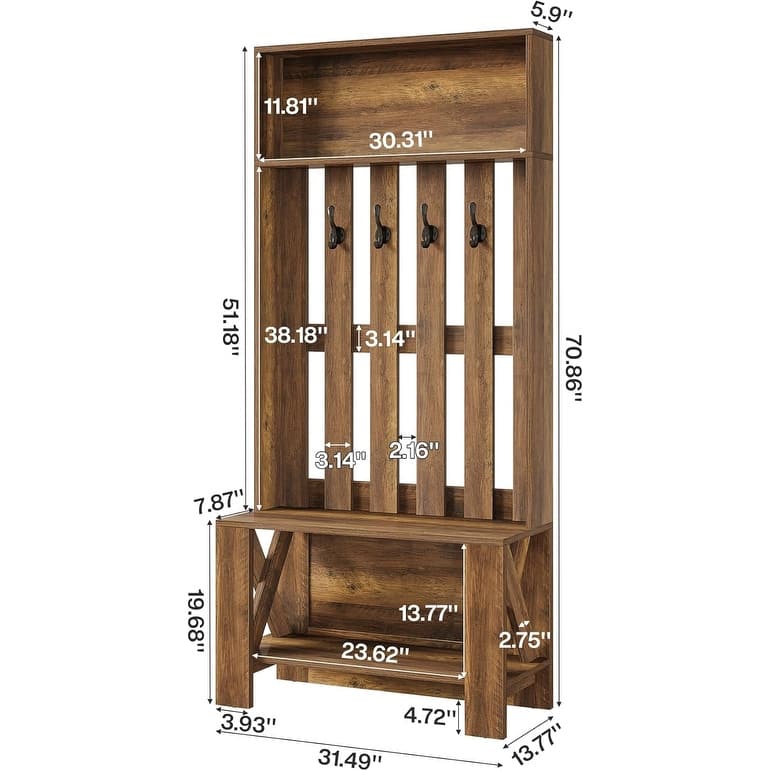 70.8" Tall Freestanding Coat Rack with Shoe Bench and Hooks, Narrow Hall Tree Organizer for Entryway, Hallway