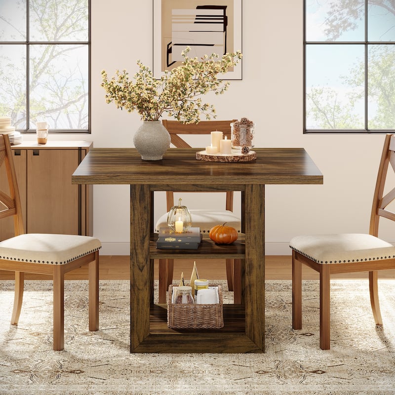 Square Dining Table with 2-Tier Storage Shelf