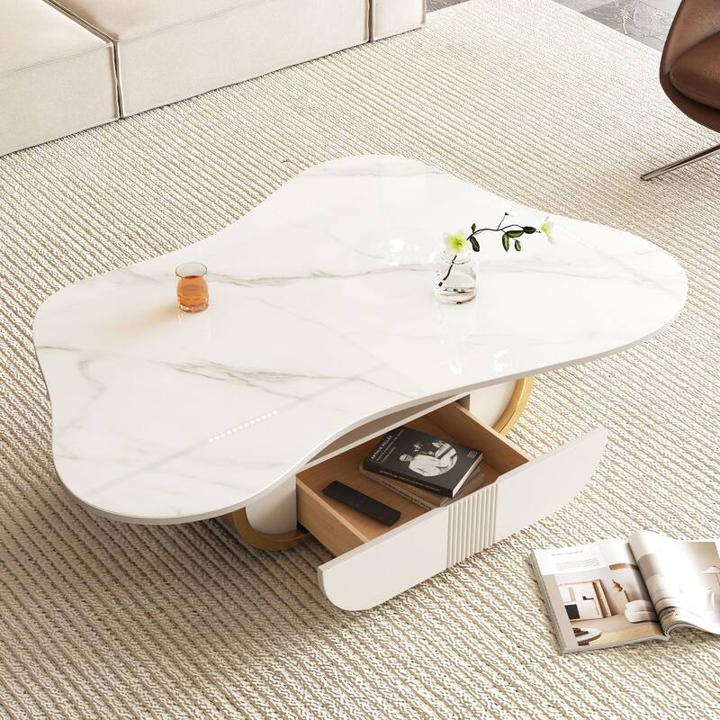 Modern Butterfly Coffee Table Oval Center Table with Sintered Stone Tabletop Storage Shelf and Drawer, for Living Room - Gold