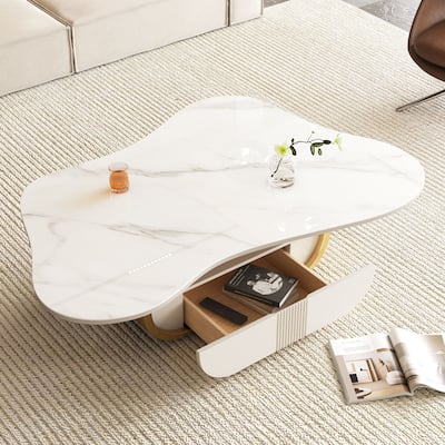 Modern Butterfly Coffee Table with Sintered Stone Top - Oval Center Table with Storage Shelf & Drawer, Stainless Steel Base