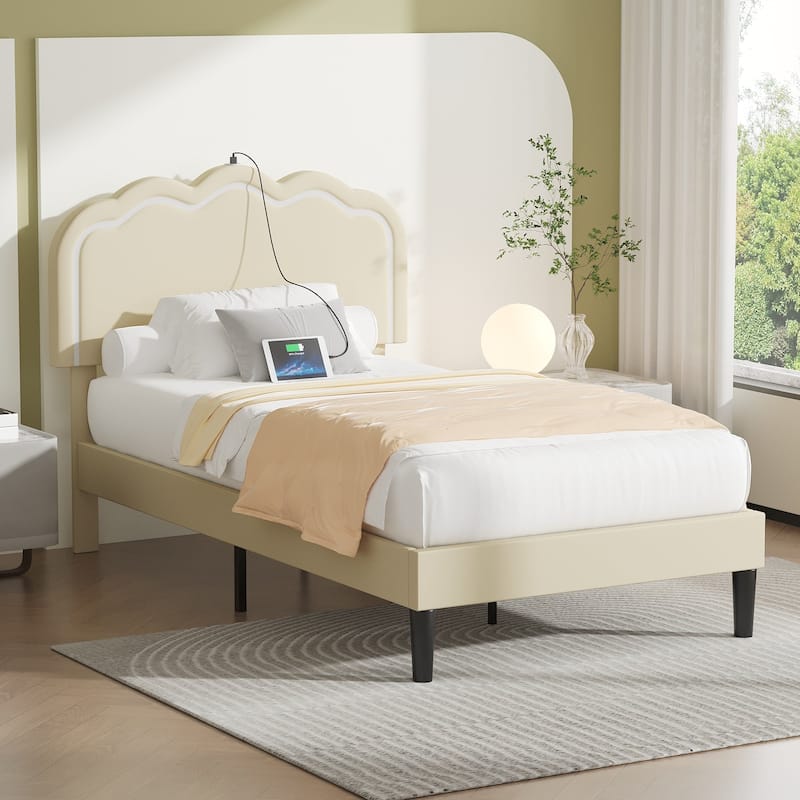 VECELO Upholstered Platform Kids Bed Frame with Headboard & LED Lights,Twin Size Bed Set of 2