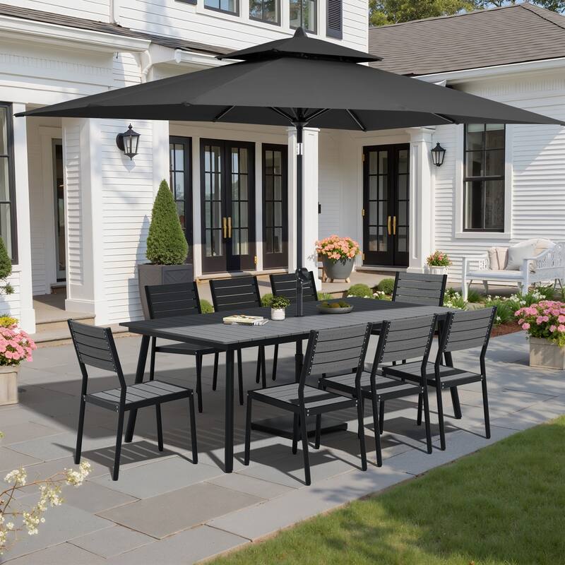 11-Piece Patio Dining Set Aluminum Table and 8 Stackable Chairs w/10 ft Umbrella and Base Stand - Grey Table with Black Umbrella