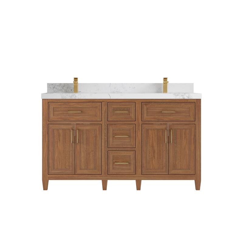 Willow Collections 60 in. W x 22 in. D Santa Monica Teak Double Sink Bathroom Vanity with Countertop - 2”Calacatta Nuvo - Dark Natural