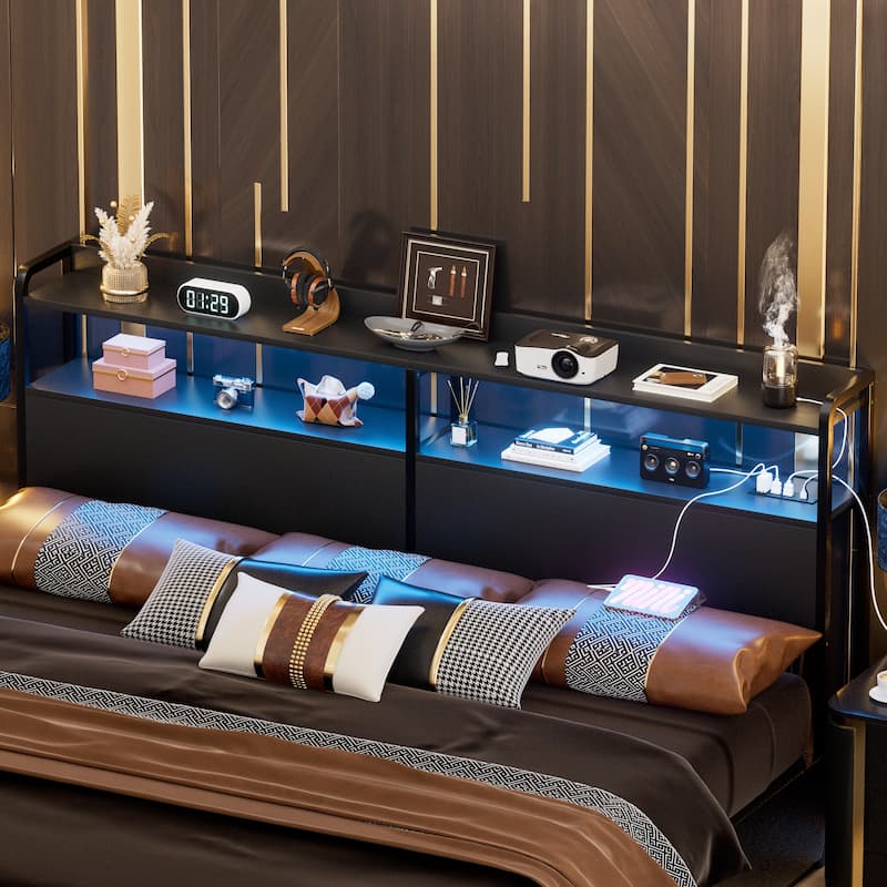 Headboard with Storage Drawers and LED Light, Head Board with Outlets, USB Ports