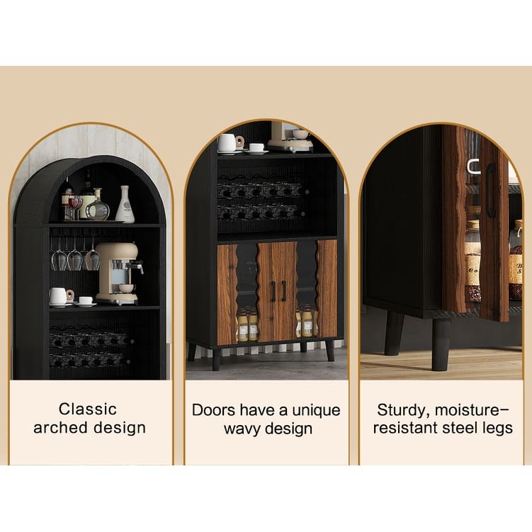 71"Farmhouse Arched Wine Bar Cabinet, Arch Cabinets &Coffee Bar, Whiskey Station With Wine Rack And Wine Glass Holder