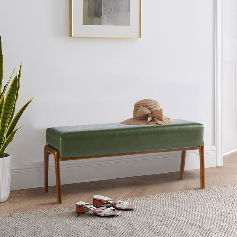 Glitzhome 42.25"W Modern Leatherette Bench with Walnut Rubberwood Legs