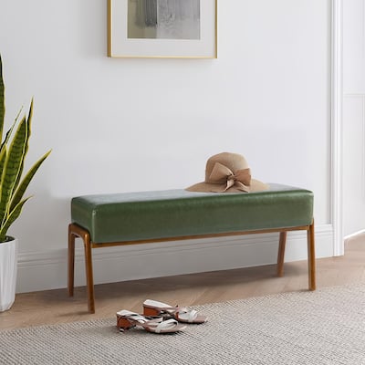 Glitzhome 42.25"W Modern Leatherette Bench with Walnut Rubberwood Legs