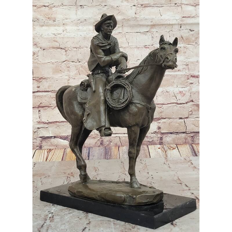 Cowboy On Horseback By Jim Ponter Bronze Statue Sculpture On Marble Base
