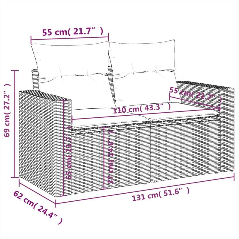 vidaXL Garden Sofa Set Grey PE rattan Large UV-resistant materials - 24.4 x 25.8 x 27.2