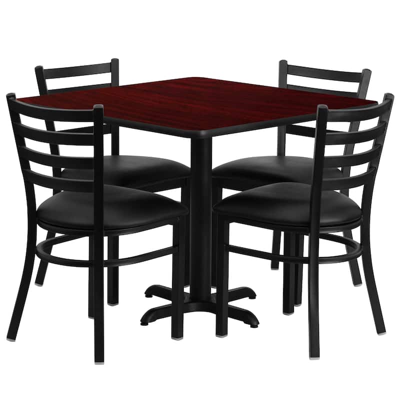 36'' Square Laminate Table Set with X-Base and 4 Ladder Back Metal Chairs - Mahogany Top/Black Vinyl Seat